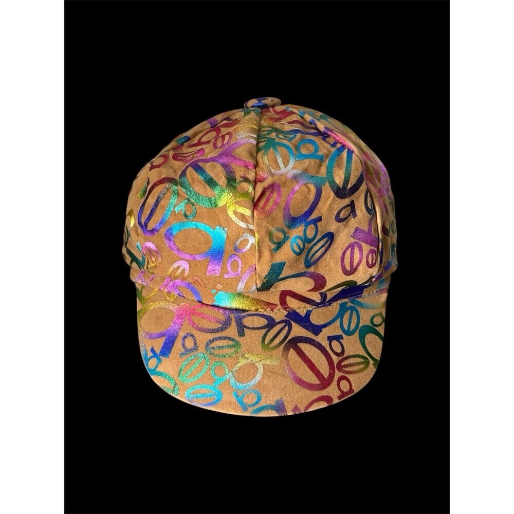 Vtg Y2K BEBE Rainbow Hologram Logo Faux Suede Funky Newsboy Cap Hat Festival